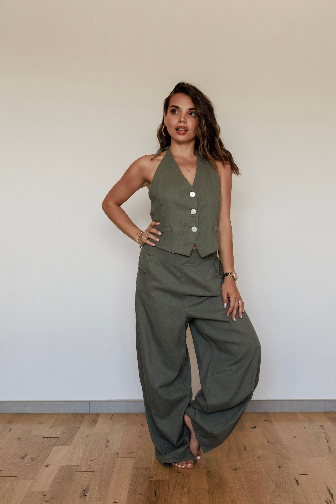 Completo effetto lino verde militare