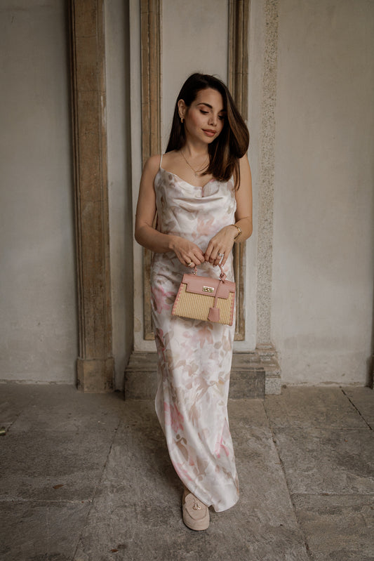 Borsa effetto paglia rosa
