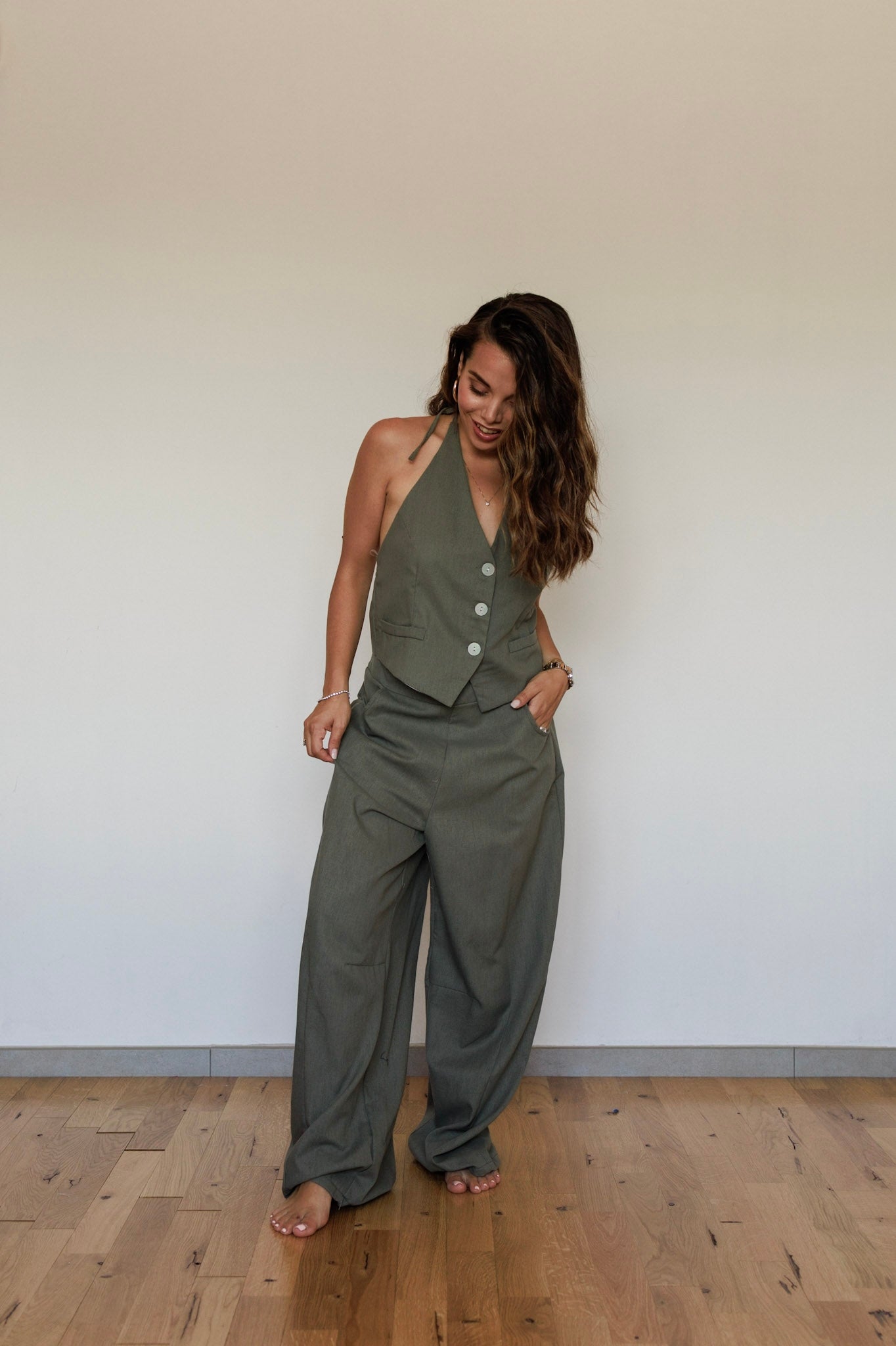Completo effetto lino verde militare