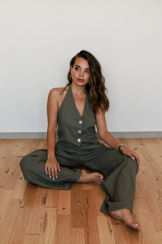 Completo effetto lino verde militare